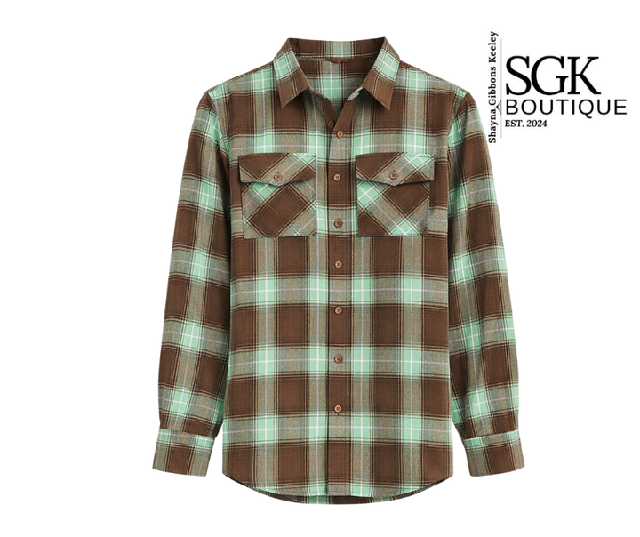 Plaid shirt with brown and green pattern on a white background, featuring SGK Boutique logo.