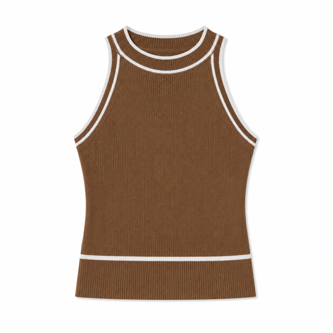 Brown ribbed tank top with white trim on a white background