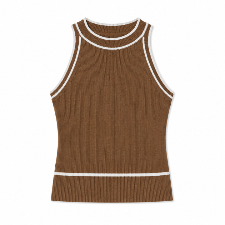 Brown ribbed tank top with white trim on a white background