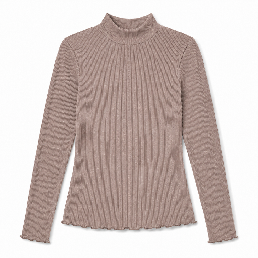 A ribbed long-sleeve mock neck top in a dusty mauve-brown color, featuring a scalloped edge along the hem and cuffs, shown flat on a white background.