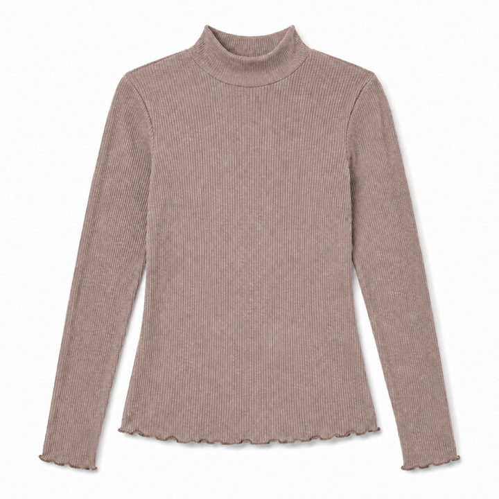 A ribbed long-sleeve mock neck top in a dusty mauve-brown color, featuring a scalloped edge along the hem and cuffs, shown flat on a white background.