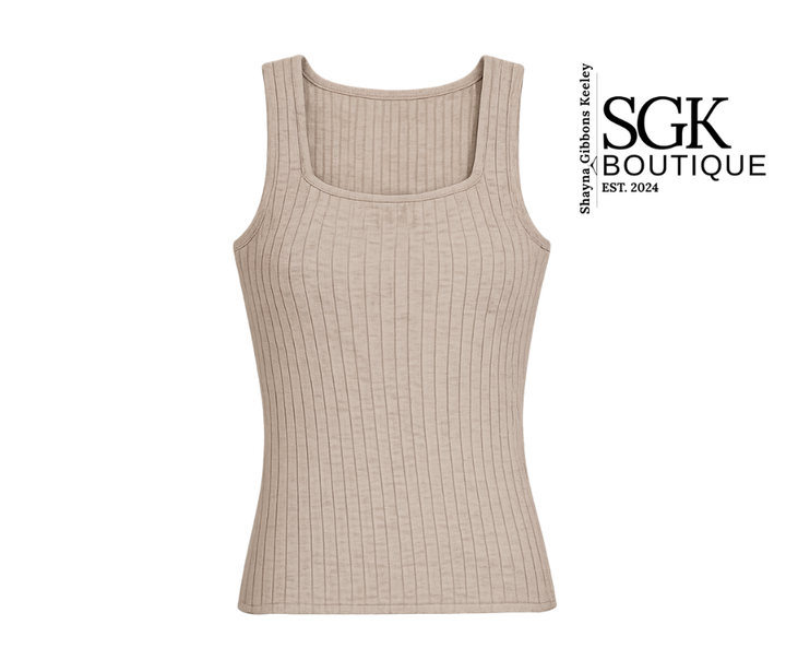 Mocha ribbed tank top on a white background with SGK Boutique branding.