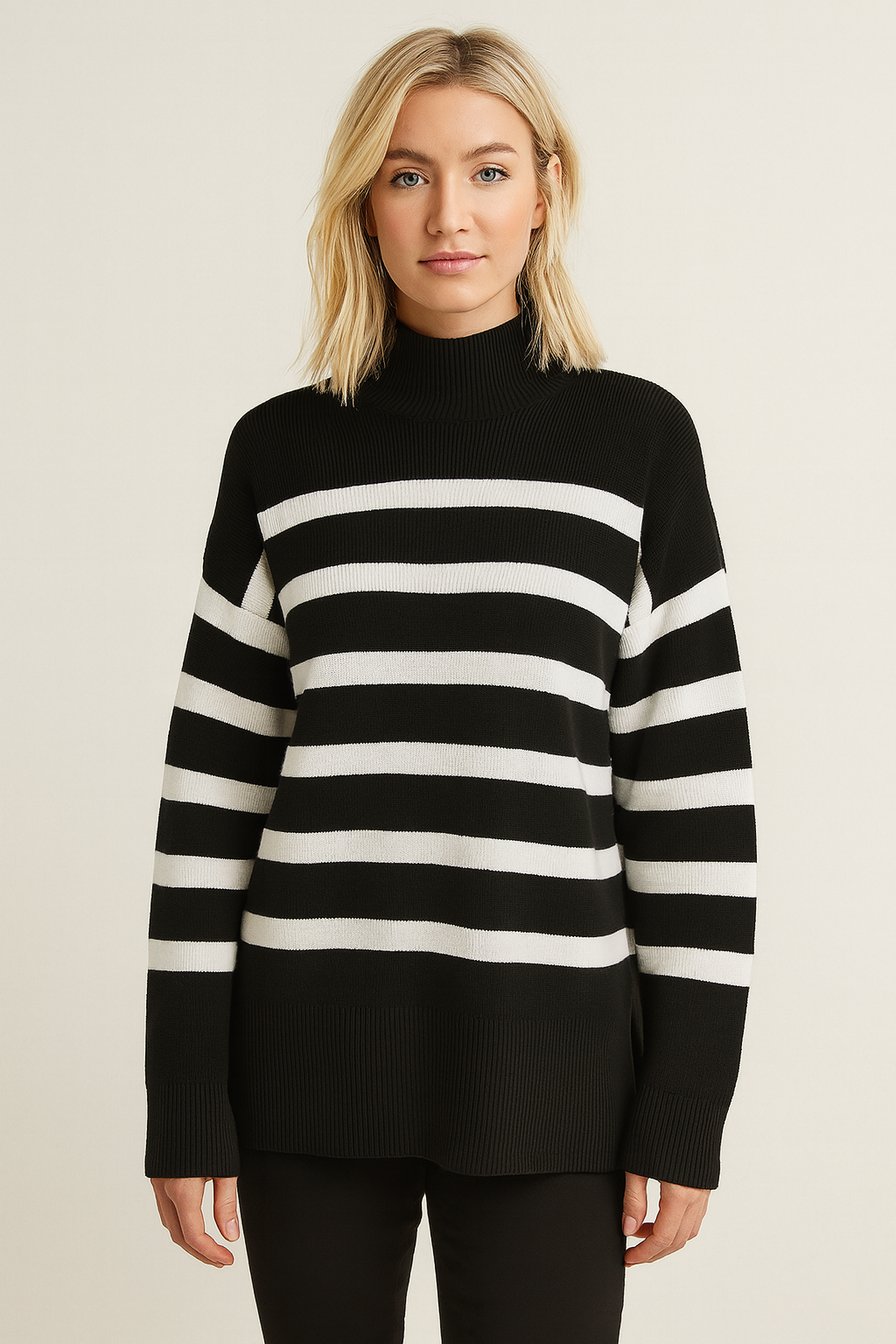 Woman wearing a black and white striped sweater against a beige background