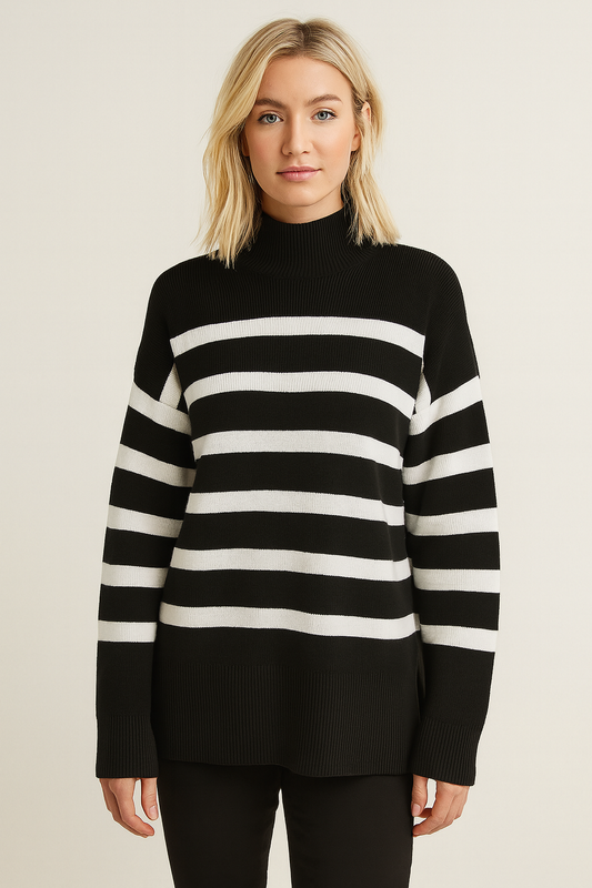 Woman wearing a black and white striped sweater against a beige background