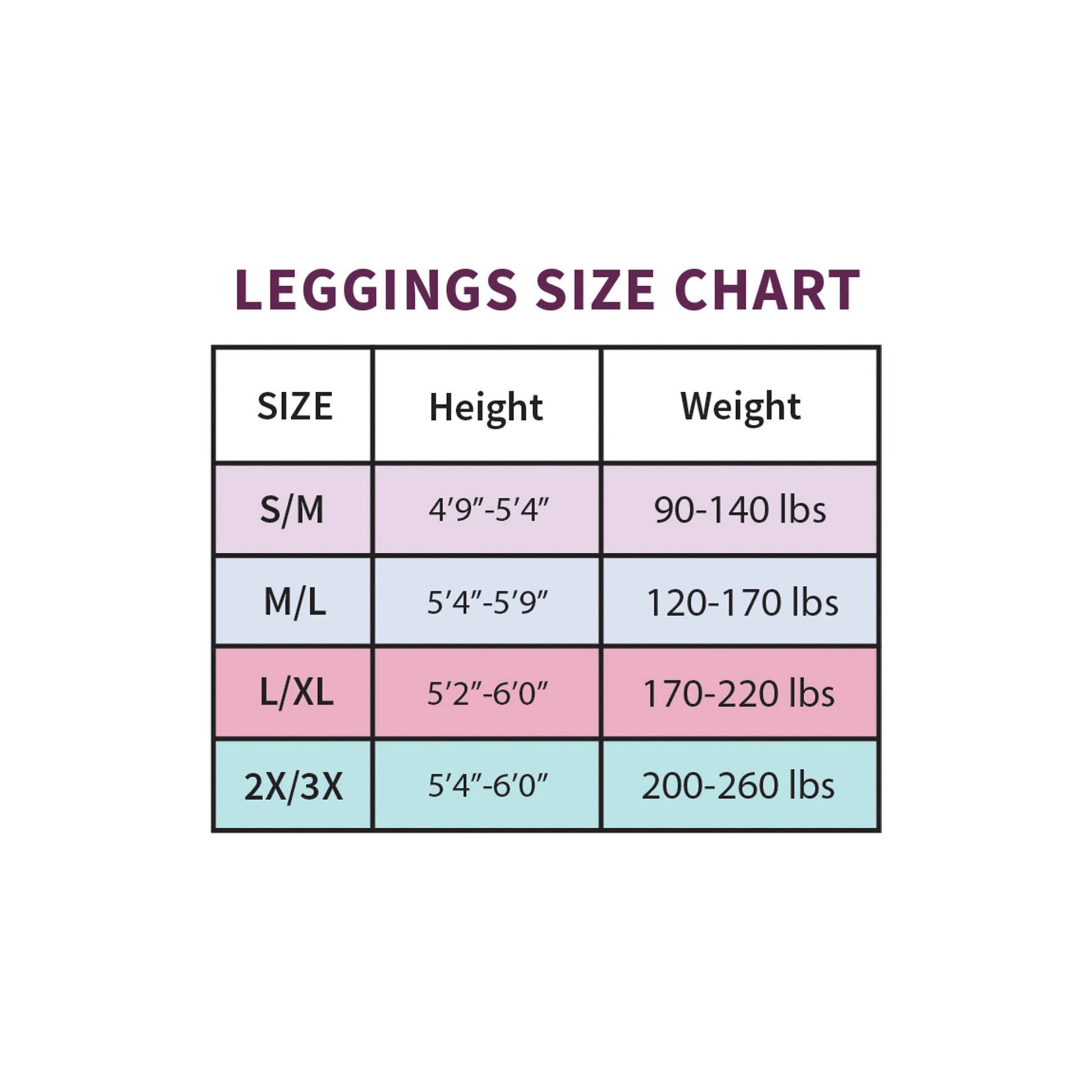 Leggings size chart with height and weight ranges for different sizes.