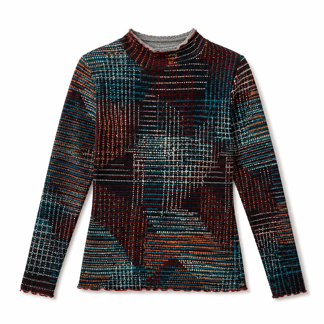 A long-sleeve mock neck knit sweater featuring a complex multicolor geometric pattern with intersecting lines in teal, rust red, orange, and black.