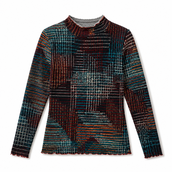 A long-sleeve mock neck knit sweater featuring a complex multicolor geometric pattern with intersecting lines in teal, rust red, orange, and black.
