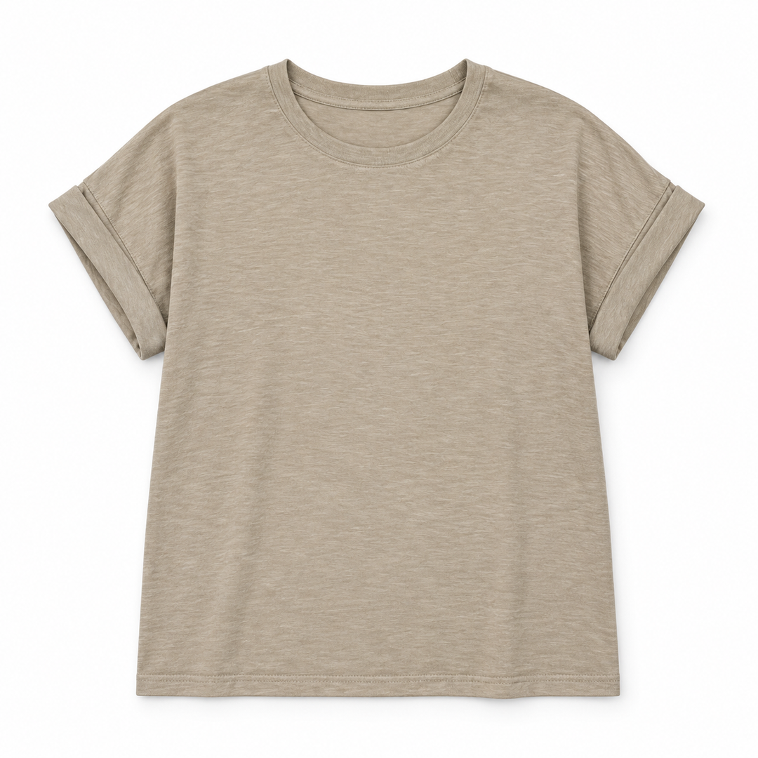 A short-sleeve crewneck t-shirt in a heathered light beige or sand color, laid flat against a solid white background.