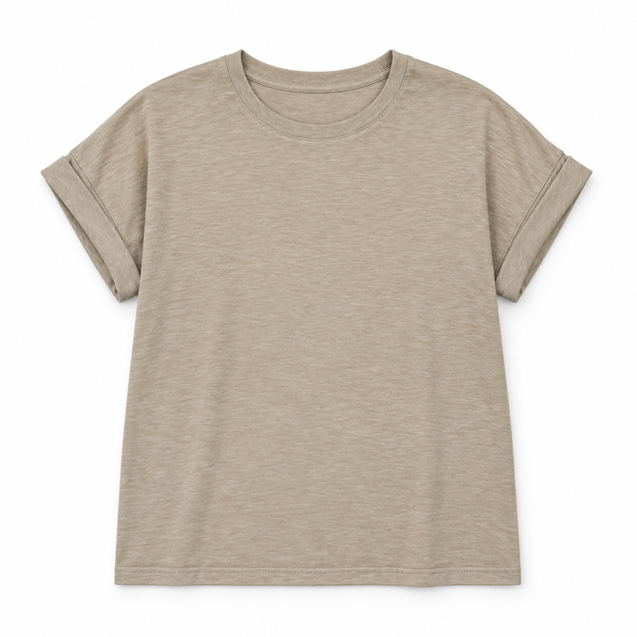 A short-sleeve crewneck t-shirt in a heathered light beige or sand color, laid flat against a solid white background.