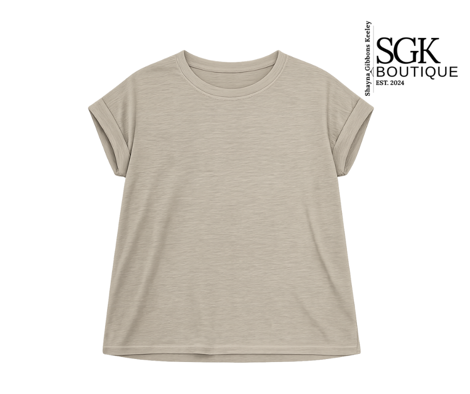 Beige t-shirt on a white background with SGK Boutique logo.