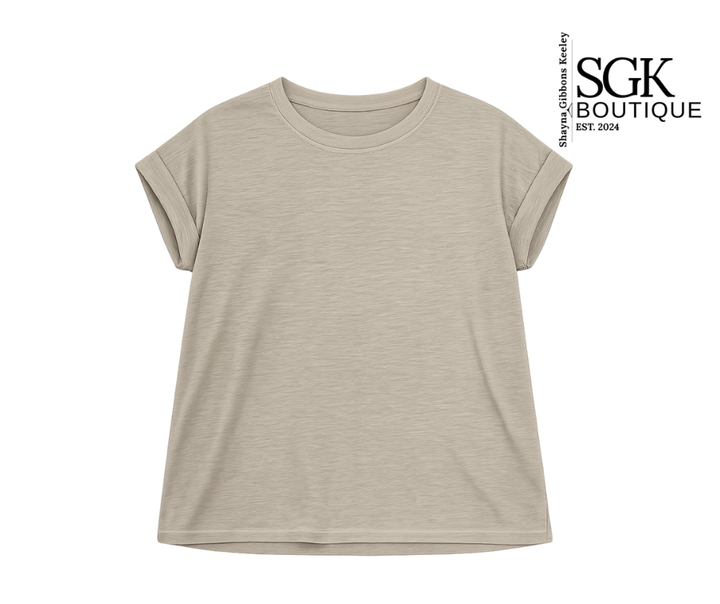 Beige t-shirt on a white background with SGK Boutique logo.