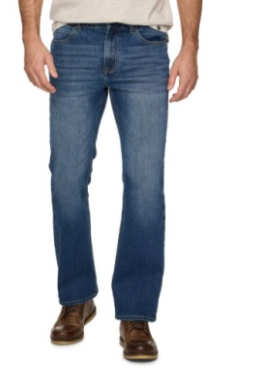 Blue jeans worn by a person on a white background