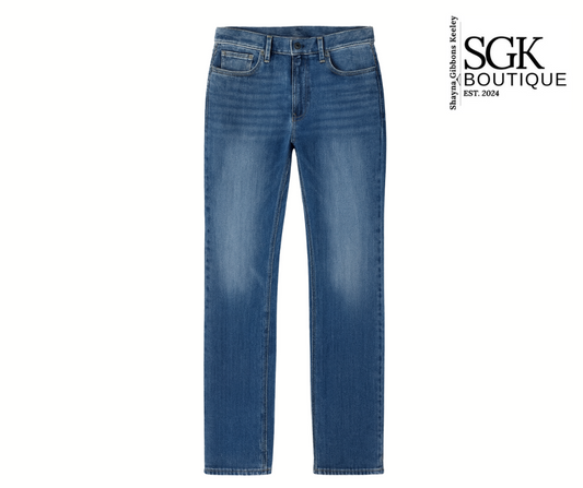 Blue jeans on a white background with SGK Boutique logo.
