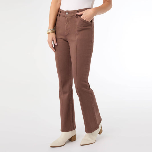 Brown pants worn by a person on a white background