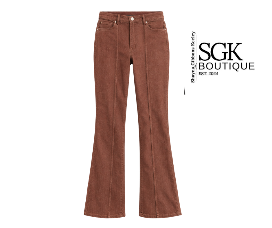 Brown flared jeans on a white background with SGK Boutique branding.