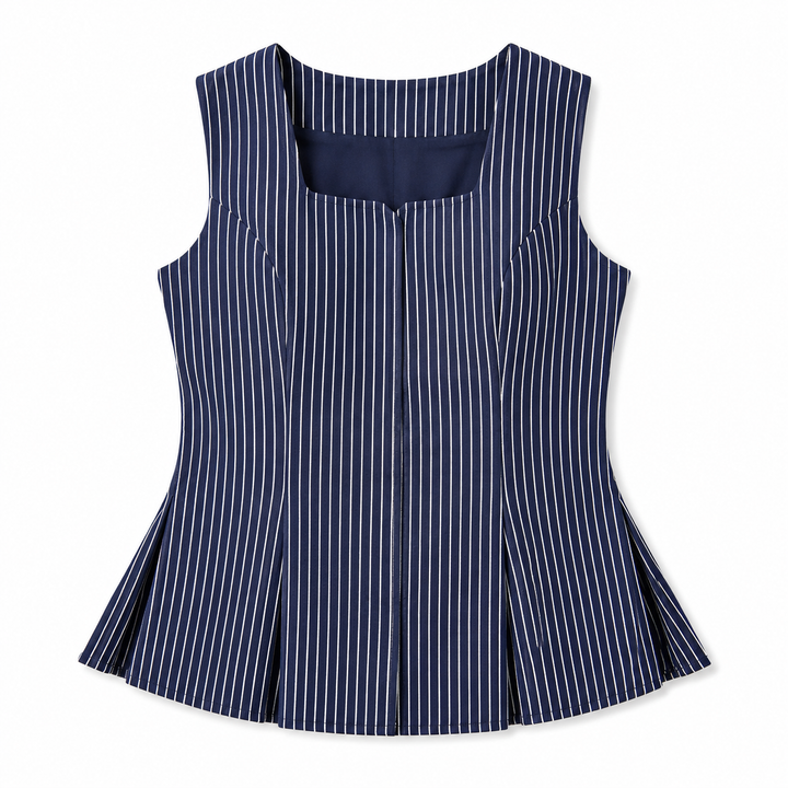 Navy pinafore dress with white stripes on a white background