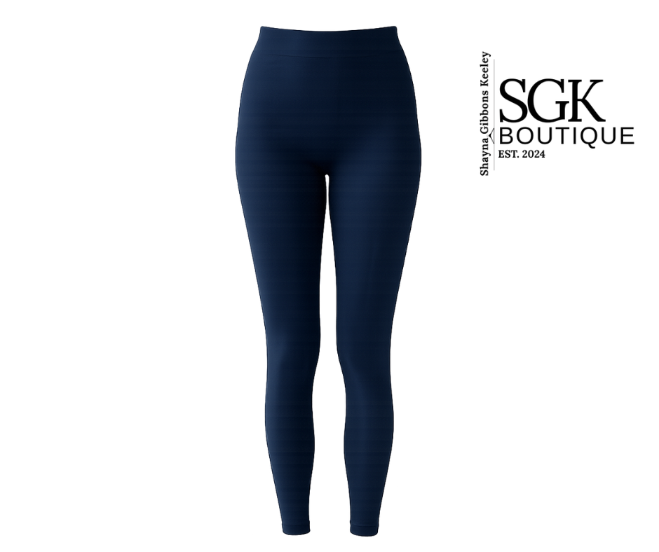 Navy blue leggings on a white background with SGK Boutique branding.