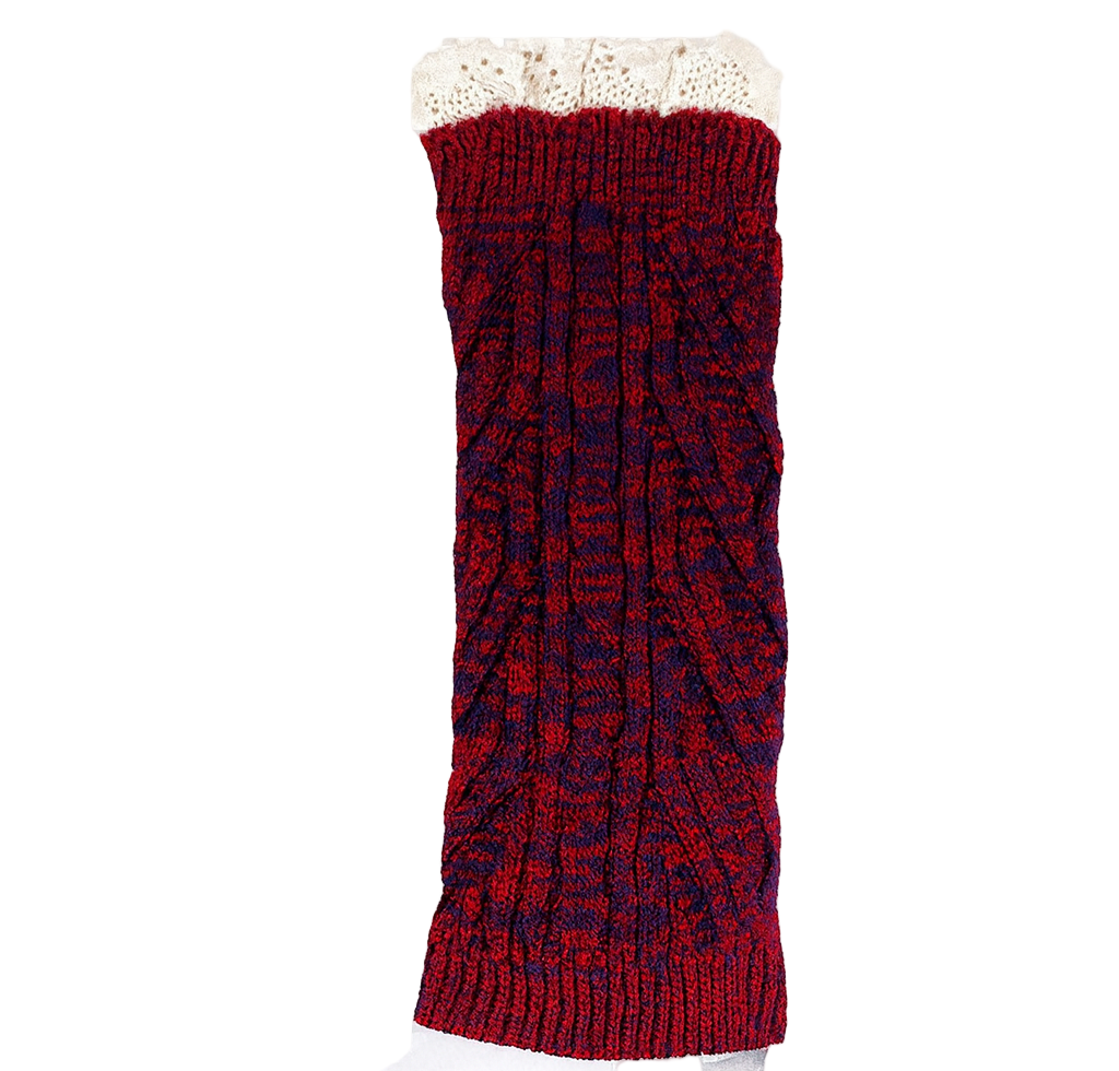 Red knitted strapless dress with white lace trim on a transparent background