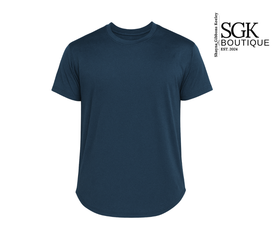 Navy blue t-shirt on a white background with SGK Boutique logo.