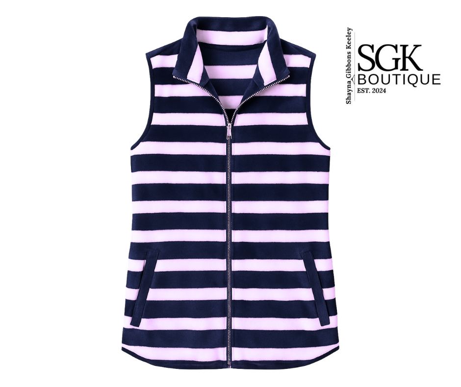 Navy and ivory striped vest on a white background with SGK Boutique branding.