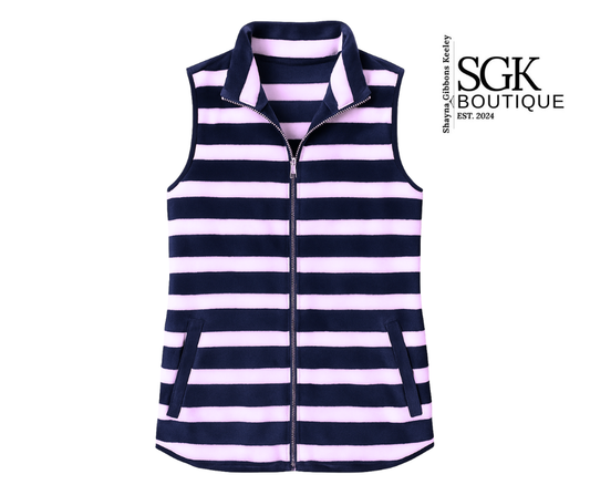 Navy and ivory striped vest on a white background with SGK Boutique branding.