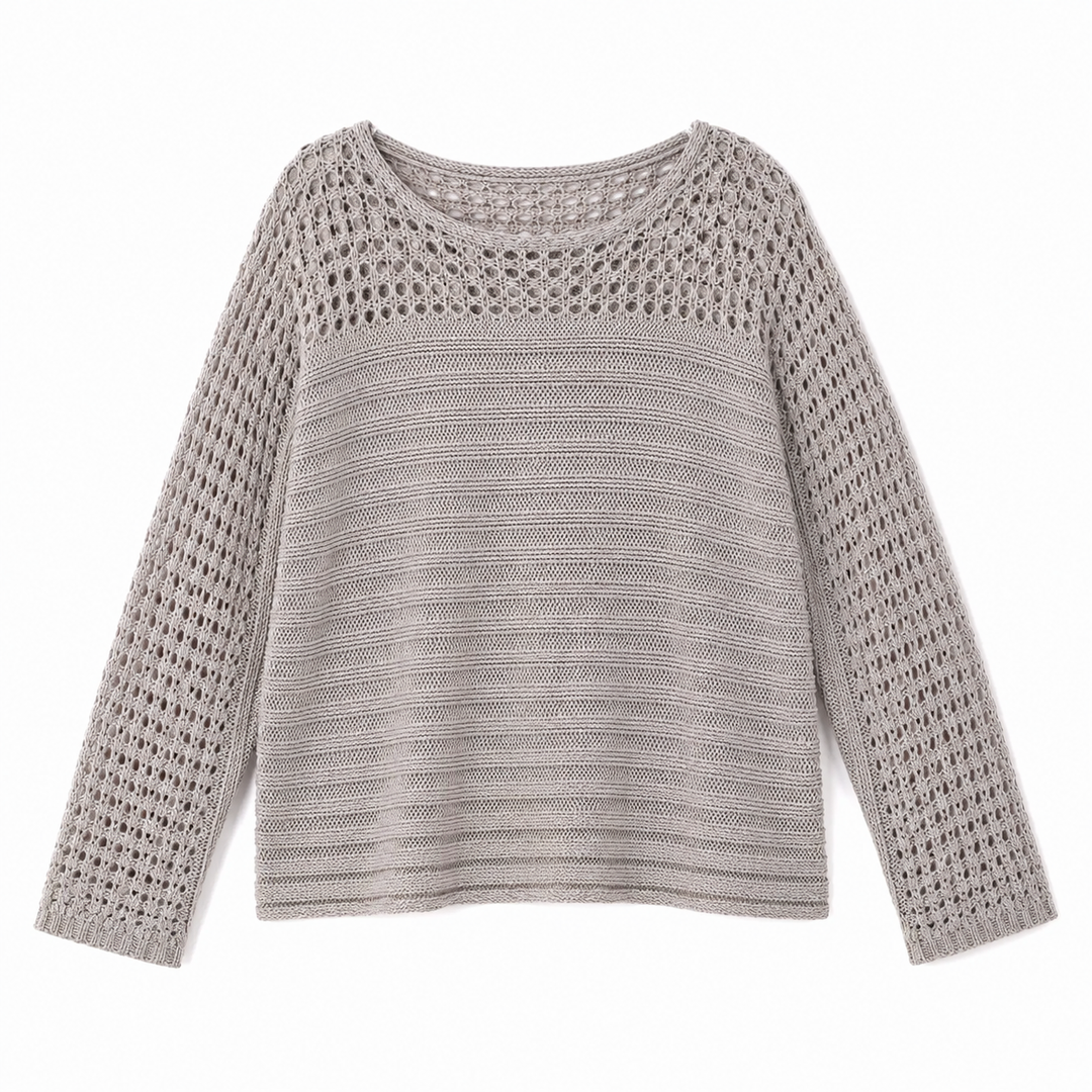 A light gray knit sweater with a textured open-knit pattern on the upper chest and sleeves, transitioning to a denser horizontal knit on the lower body, shown against a plain white background.