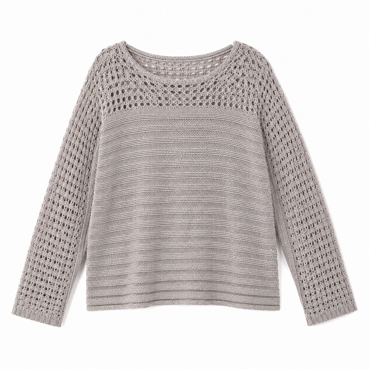 A light gray knit sweater with a textured open-knit pattern on the upper chest and sleeves, transitioning to a denser horizontal knit on the lower body, shown against a plain white background.