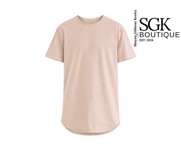 Beige t-shirt on a white background with SGK Boutique logo.