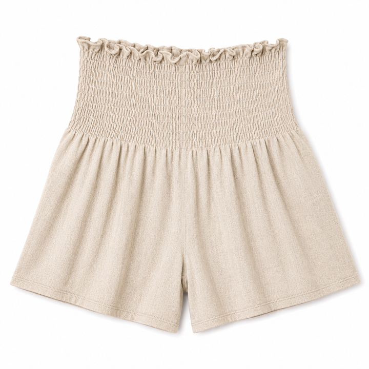 Beige shorts with ruffled waistband on a white background
