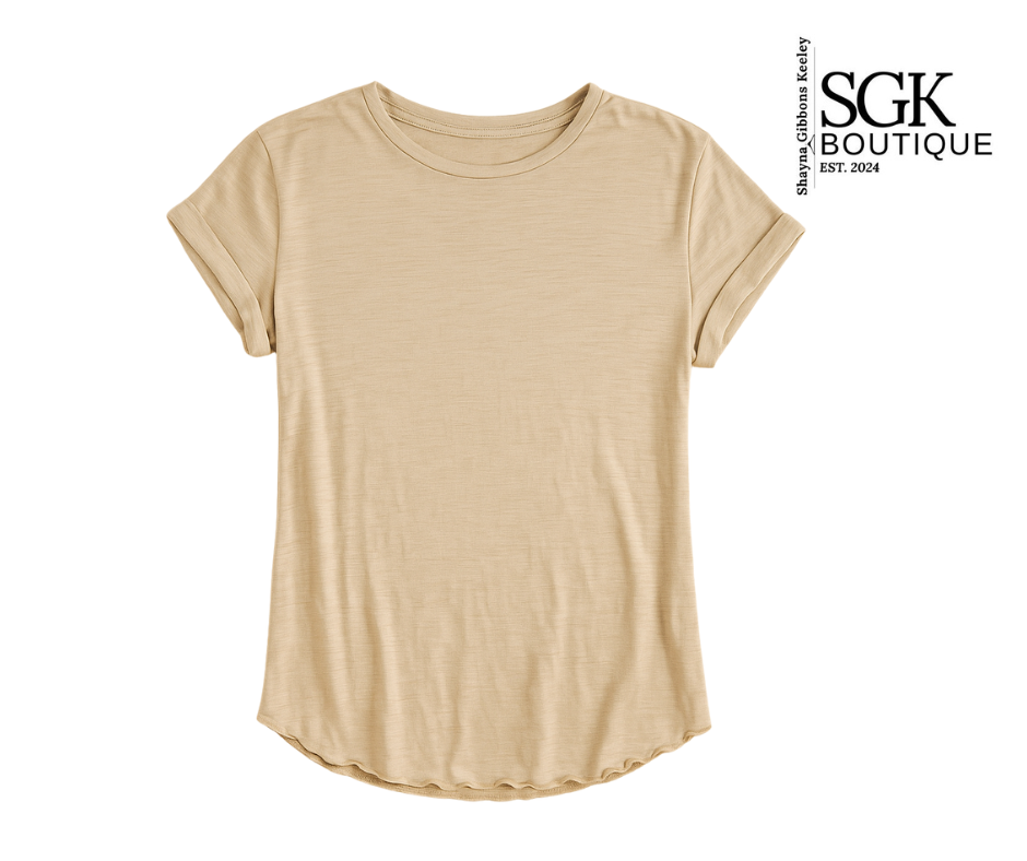 Beige t-shirt on a white background with SGK Boutique branding.