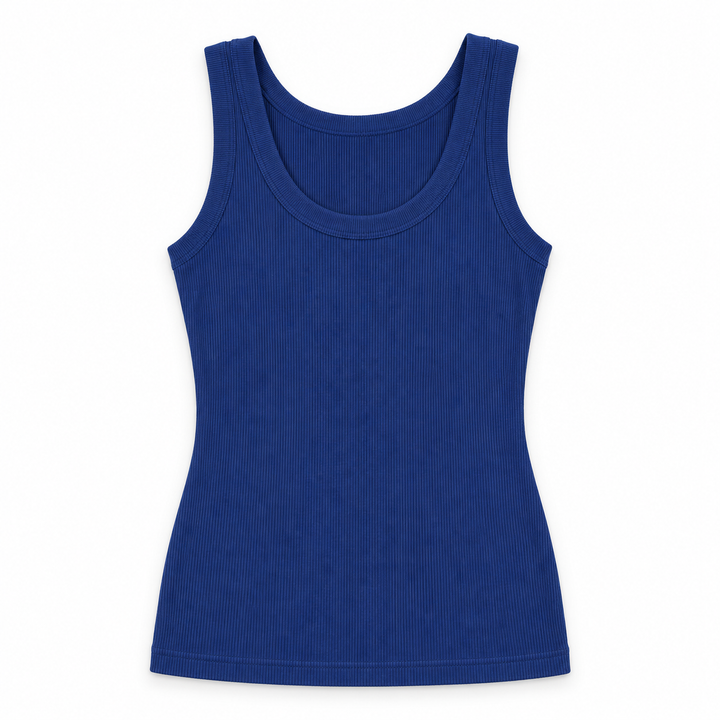 A royal blue ribbed tank top with a scoop neck, displayed flat against a solid white background.