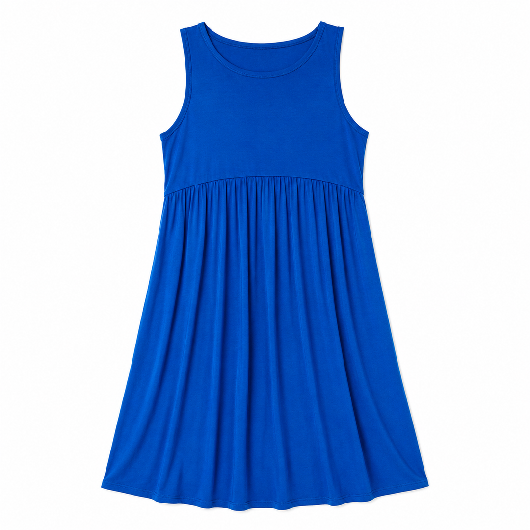 Blue sleeveless dress on a white background