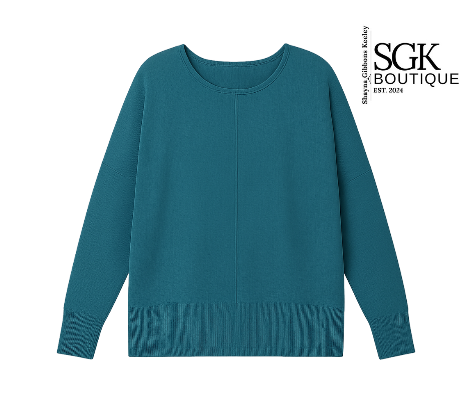 Teal sweater on a white background with SGK Boutique logo.