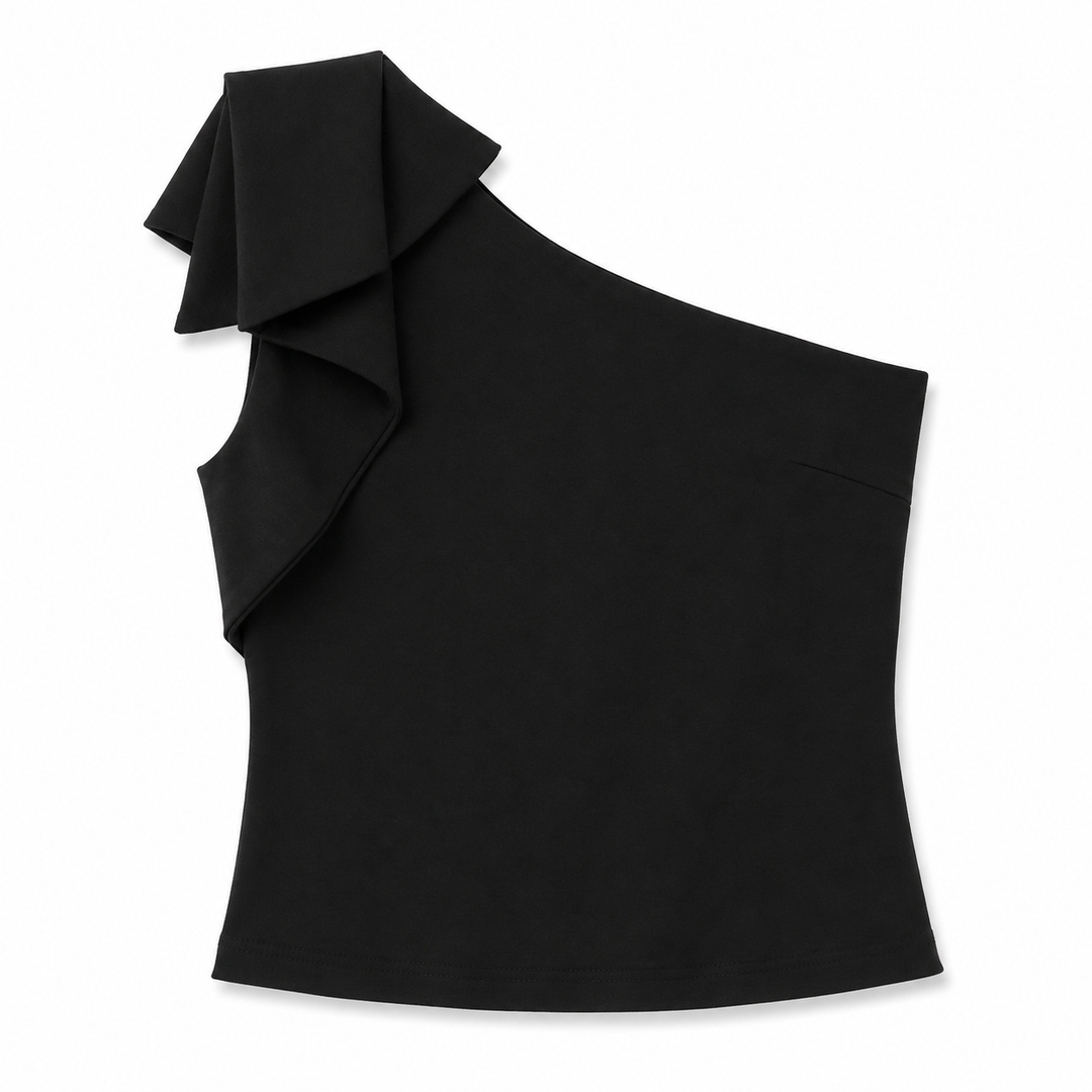 A black one-shoulder top with a dramatic layered ruffle detail on the shoulder, displayed flat against a solid white background.