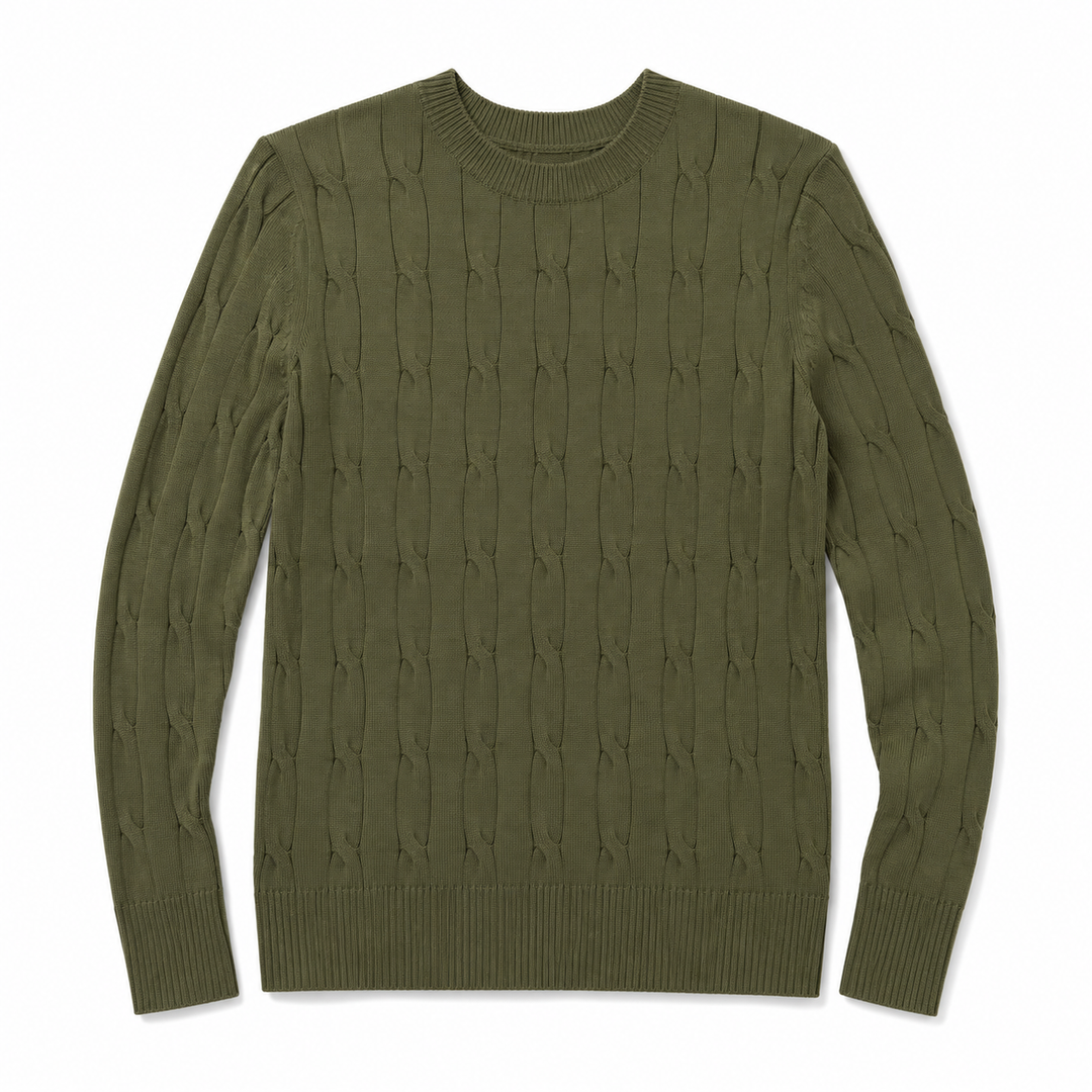 An olive green cable-knit crewneck sweater with ribbed cuffs and hem, displayed flat against a white background.