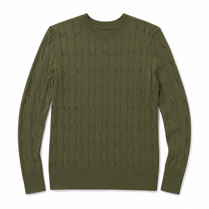 An olive green cable-knit crewneck sweater with ribbed cuffs and hem, displayed flat against a white background.