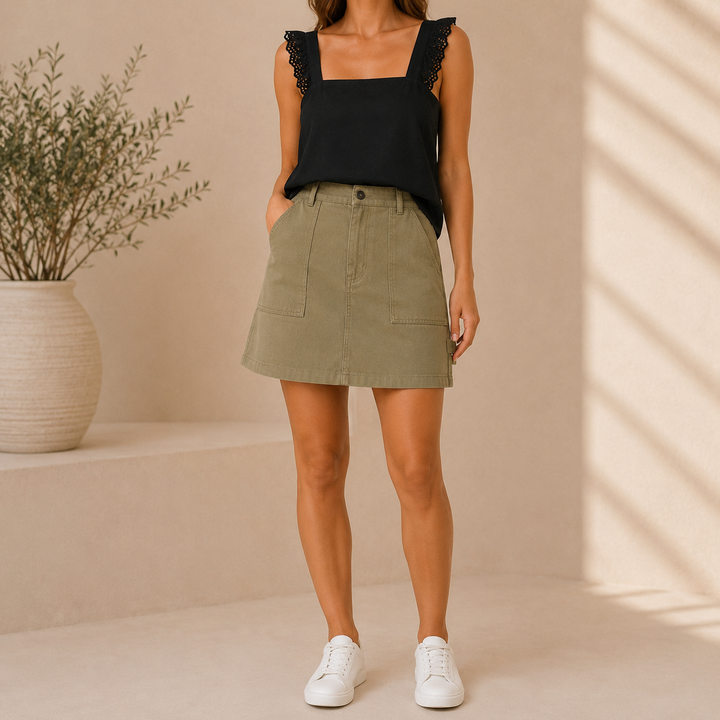 Woman wearing a black top and green skirt standing against a beige wall with a plant on the left.