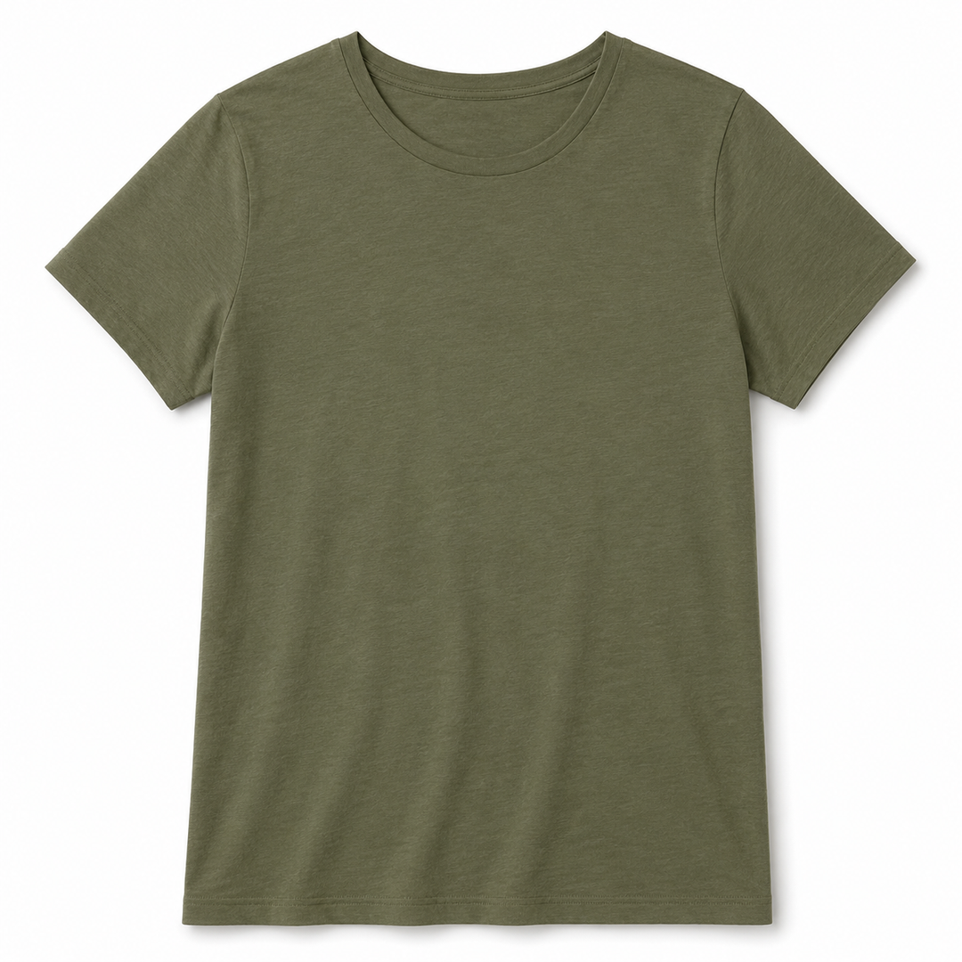 An olive green short-sleeve crewneck t-shirt displayed flat against a clean white background.