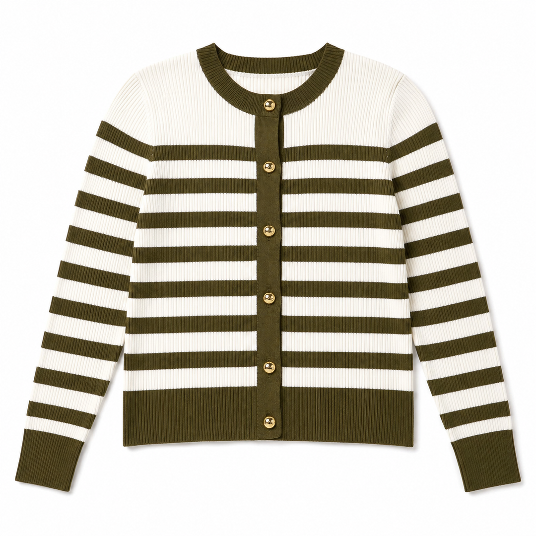A ribbed knit cardigan sweater with horizontal olive green and off-white stripes, featuring a round neckline, button closure with gold-tone buttons, and ribbed cuffs and hem.