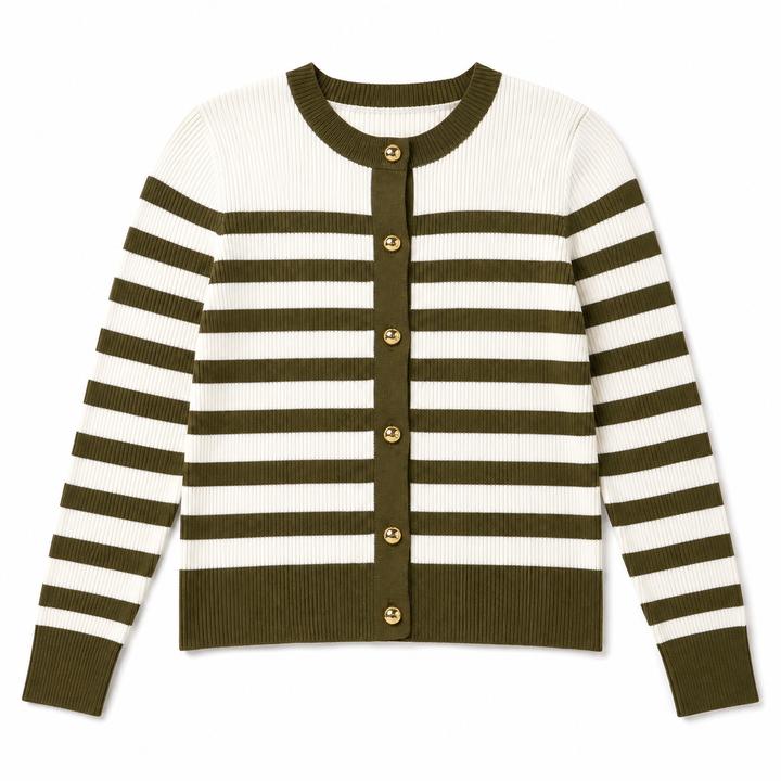 A ribbed knit cardigan sweater with horizontal olive green and off-white stripes, featuring a round neckline, button closure with gold-tone buttons, and ribbed cuffs and hem.