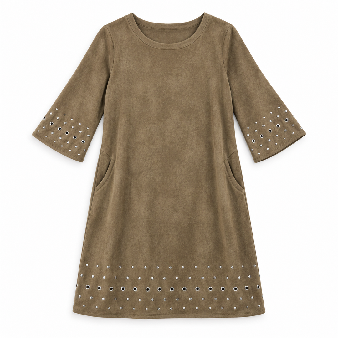 A fatigue green suede-like A-line dress with three-quarter sleeves, side pockets, and silver mirror-stitch detailing on the cuffs and hem, shown against a plain white background.
