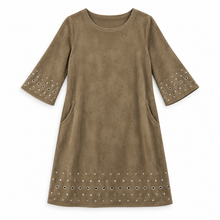 A fatigue green suede-like A-line dress with three-quarter sleeves, side pockets, and silver mirror-stitch detailing on the cuffs and hem, shown against a plain white background.