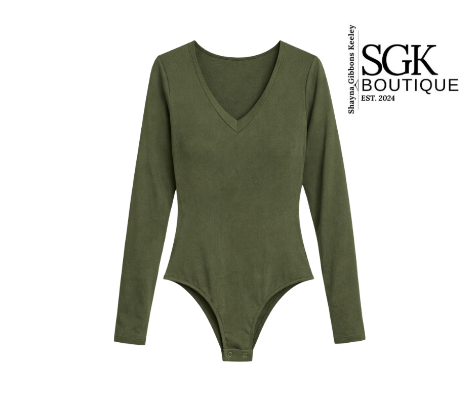 Green bodysuit with long sleeves on a white background, featuring the SGK Boutique logo.