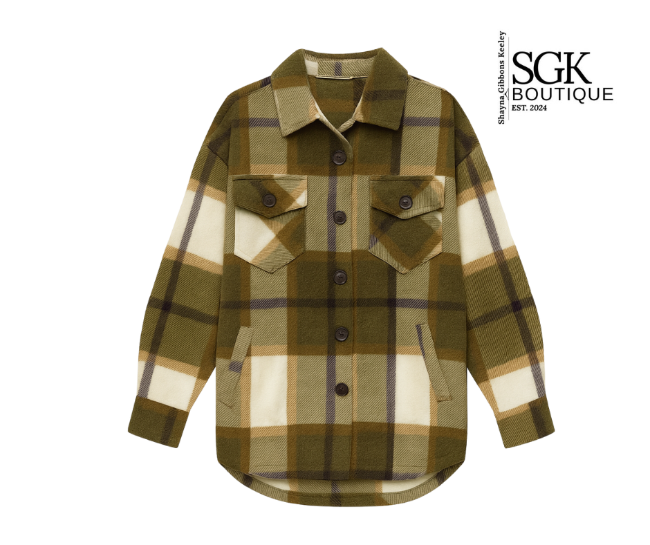 Plaid shirt with green, brown, and beige colors on a white background, featuring SGK Boutique logo.