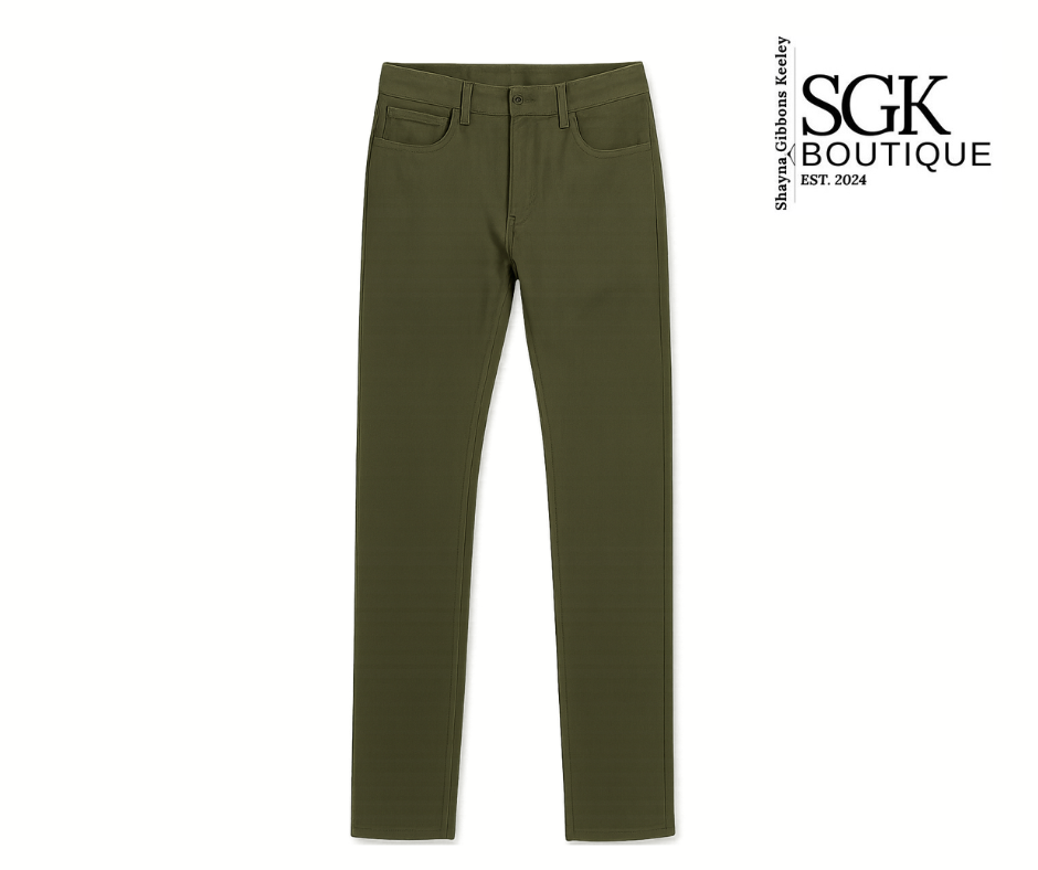 Green pants on a white background with SGK Boutique logo.
