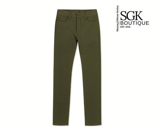 Green pants on a white background with SGK Boutique logo.
