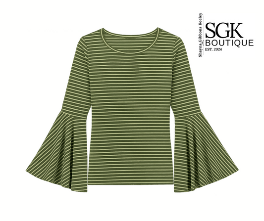 Green and white striped shirt with flared sleeves on a white background, featuring SGK Boutique logo.