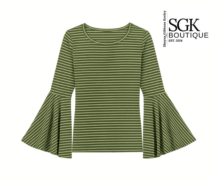 Green and white striped shirt with flared sleeves on a white background, featuring SGK Boutique logo.
