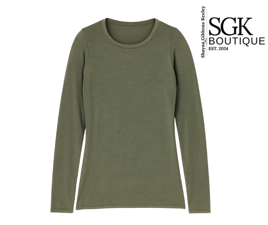 Green long-sleeve shirt on a white background with SGK Boutique logo.