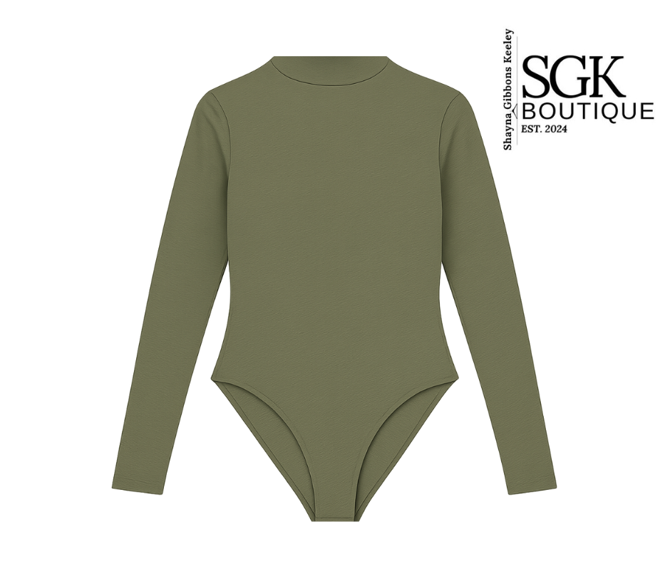 Green bodysuit with long sleeves on a white background, featuring the SGK Boutique logo.